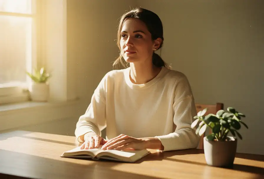 Zelfverzekerde vrouw aan een zonnig houten bureau met een open dagboek, warm natuurlijk licht en een kleine plant op de achtergrond.