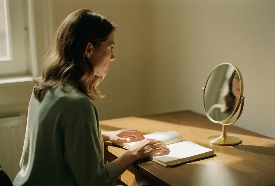 Vrouw aan houten bureau schrijft in dagboek en kijkt bedachtzaam in kleine spiegel, zacht ochtendlicht.