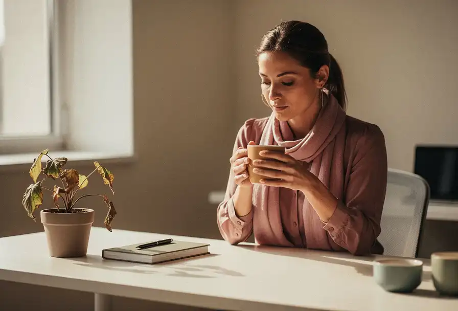 Vrouw aan modern bureau met koffie in handen, in gedachten verzonken bij zacht natuurlijk licht en een verwelkte plant.