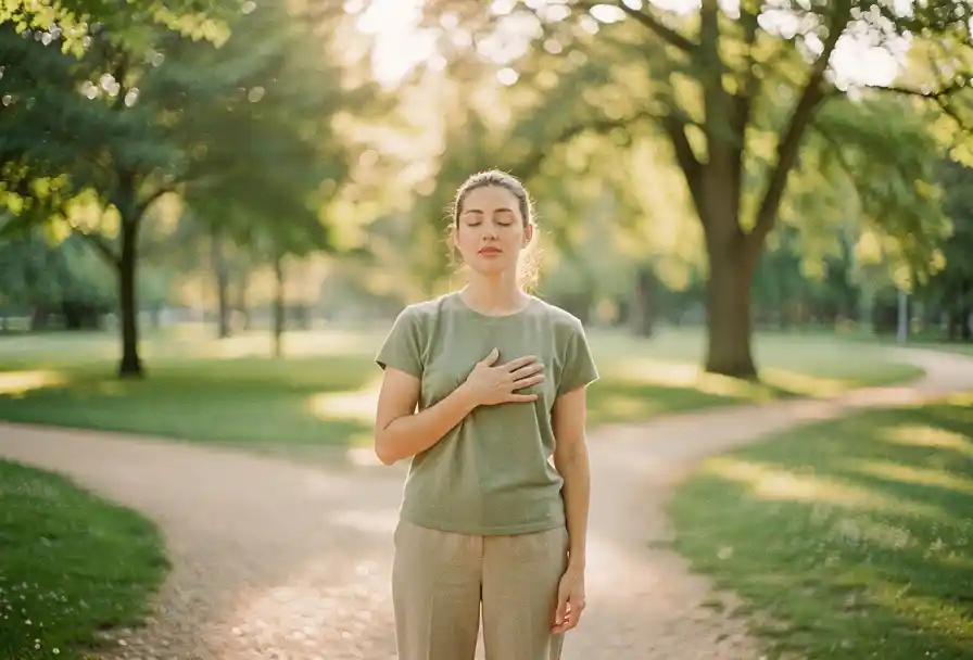 Vrouw op een zonnig kruispad in een groen park, hand op haar hart, ogen gesloten in stille reflectie, gouden ochtendlicht.
