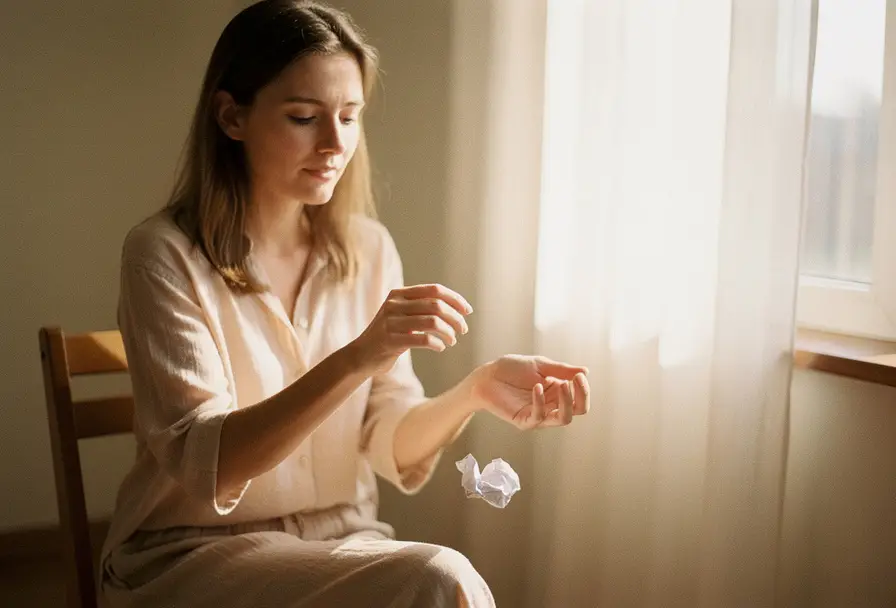 Vrouw bij zonnig raam die verkreukeld papier loslaat, gezichtsuitdrukking verandert van spanning naar opluchting, warme ochtendlichten.