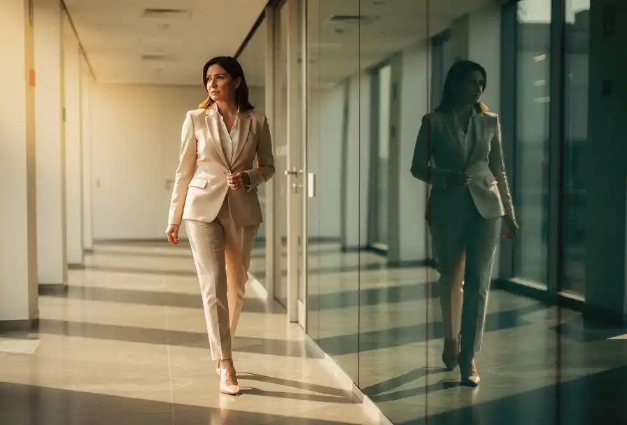 Zelfverzekerde vrouw in blazer die haar onzekere spiegelbeeld bekijkt in glazen kantoormuur, warm gouden licht.