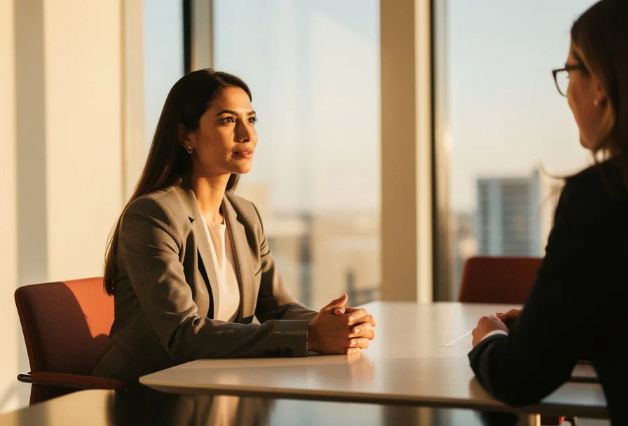 Zelfverzekerde vrouw aan vergadertafel tegenover hiring manager, handen rustig voor zich, warm kantoorlicht, sollicitatiegesprek.