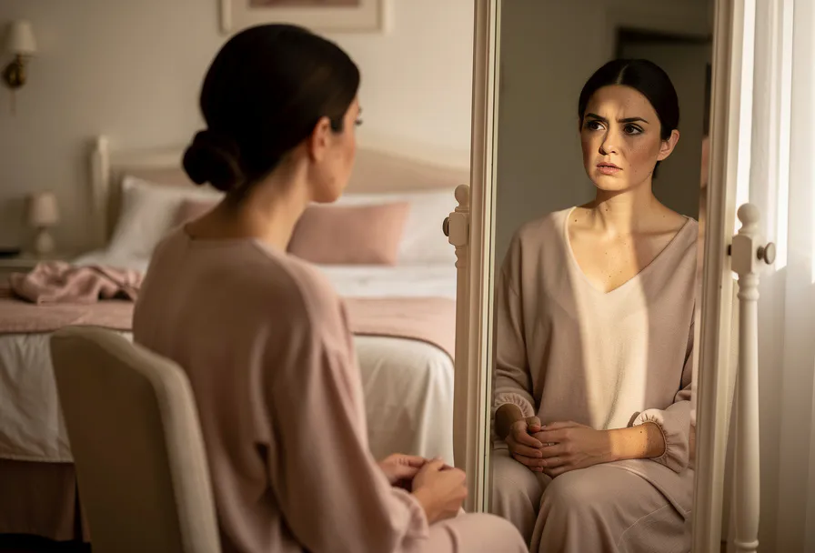 Vrouw zit alleen voor een spiegel in zachtverlichte slaapkamer, ochtendlicht op haar gezicht, met een introspectieve blik.