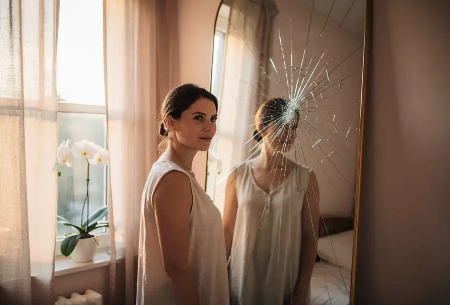 Vrouw voor gebarsten spiegel met stralende reflectie in het midden, zacht ochtendlicht door linnen gordijnen, witte orchidee op vensterbank.