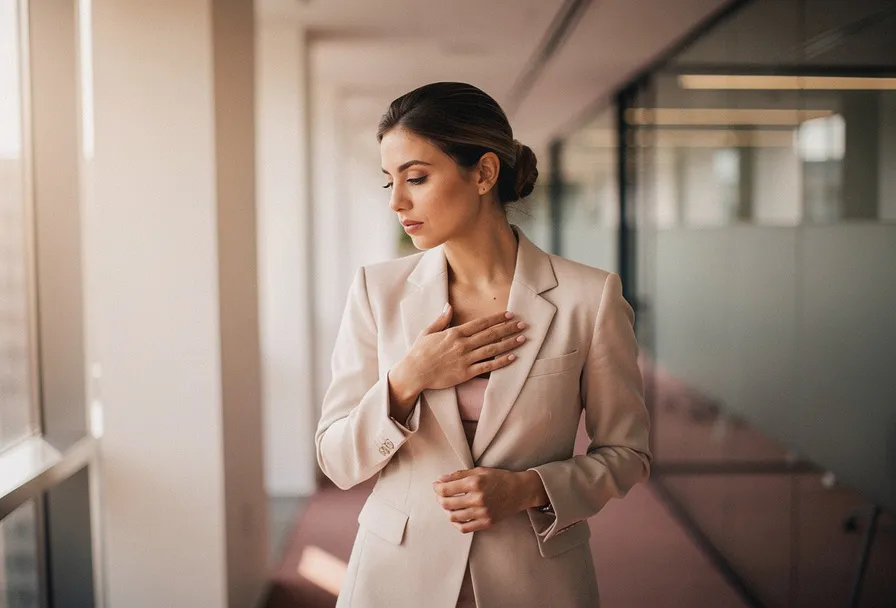 Vrouw in blazer staat stil in moderne kantoorgang, hand op borst, in stille zelfreflectie, zacht natuurlijk zijlicht.