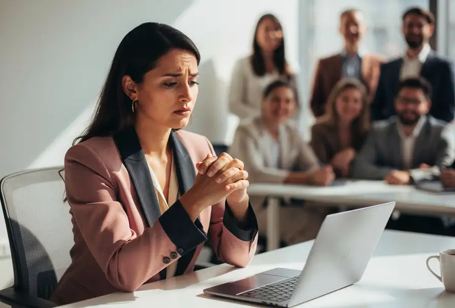Professionele vrouw aan modern bureau met gevouwen handen en neergeslagen blik, collega's zacht onscherp op achtergrond.