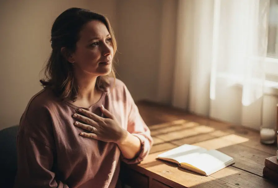 Vrouw aan houten bureau met hand op hart, open dagboek en zacht zonlicht door gordijn, in sfeer van zelfreflectie.
