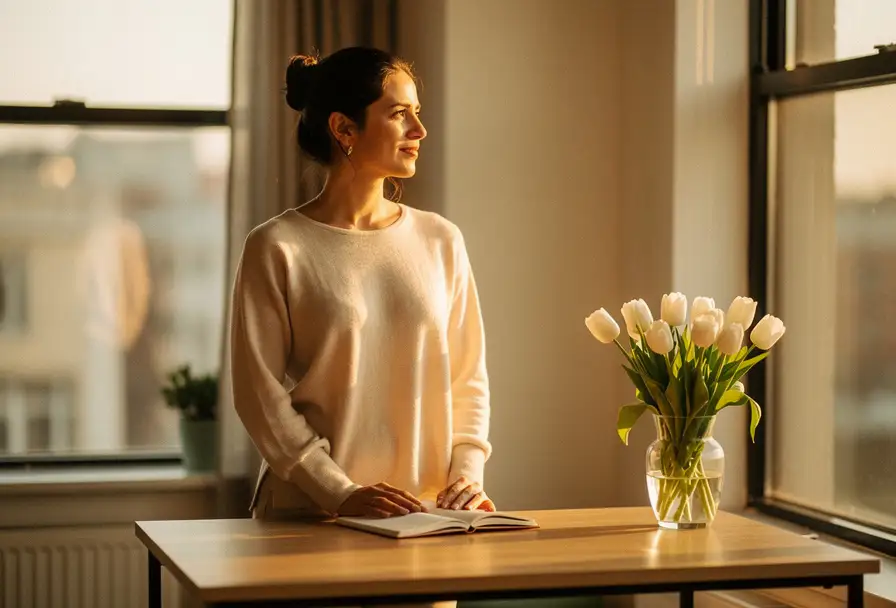 Zelfverzekerde vrouw bij zonnig kantoorvenster, handen op houten bureau, open dagboek en witte tulpen, warm ochtendlicht.