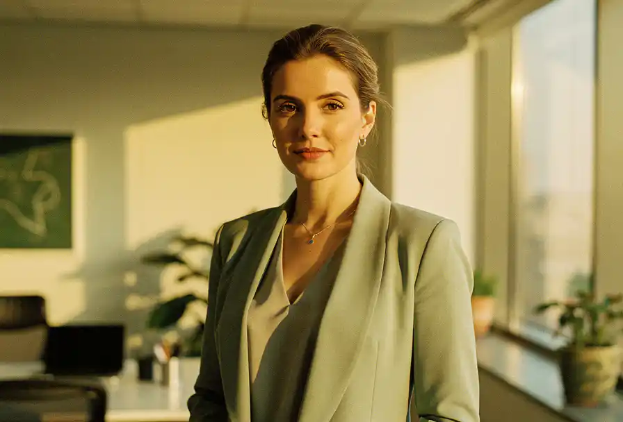 Zelfverzekerde vrouw in blazer bij zonnig kantoorvenster, warme ochtendlicht op haar gezicht, moderne werkruimte op de achtergrond.