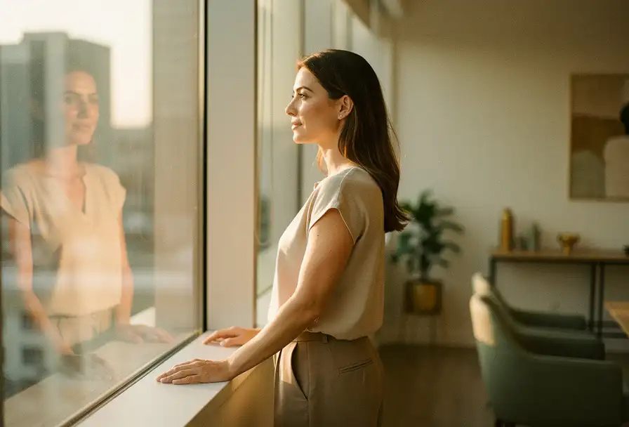 Zelfverzekerde vrouw bij een zonnig kantoorvenster, handen op de vensterbank, met rustige blik naar buiten starend in warm ochtendlicht.