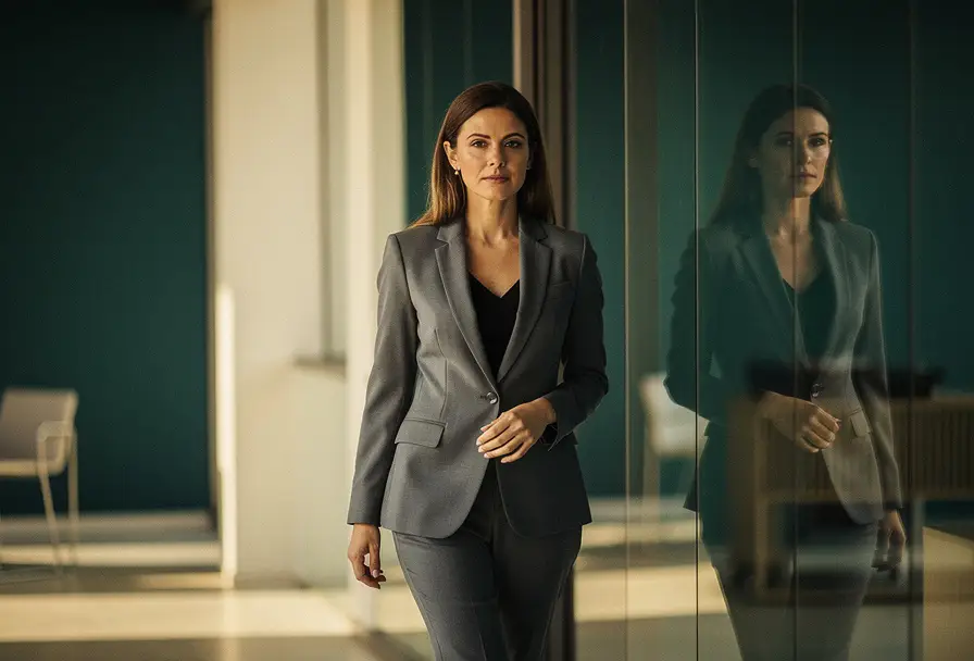 Zelfverzekerde zakenvrouw in getailleerd blazer, weerspiegeld in glazen paneel op modern kantoor met goudkleurig middaglicht.