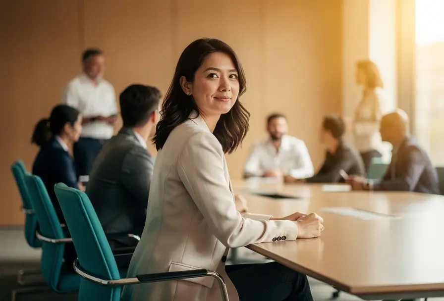 Zelfverzekerde vrouw aan moderne vergadertafel met collega's op de achtergrond, warm gouden licht, rustige werksfeer.