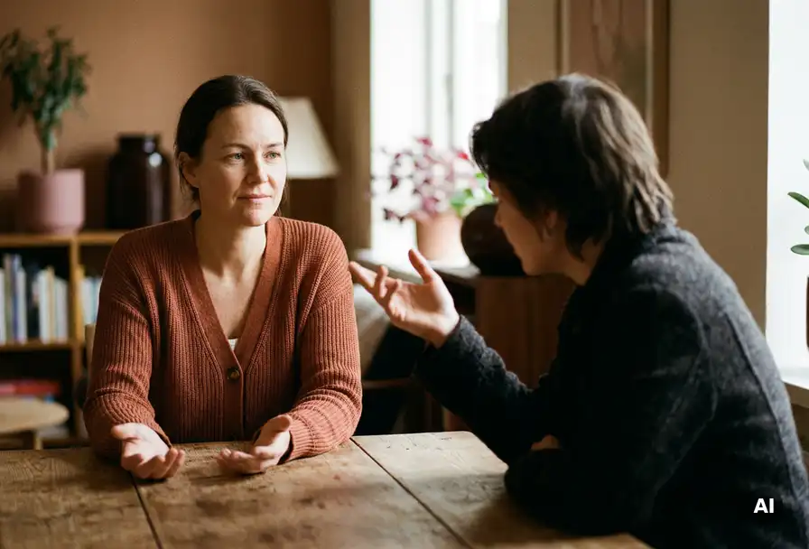Kalme vrouw met open handen aan houten tafel tegenover iemand die uitdagend voorover leunt, zacht natuurlijk licht.