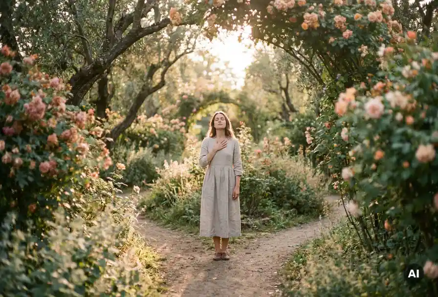 Vrouw bij zonnig tuinpad met hand op hart, ogen gesloten in stille reflectie, omringd door bloemen in zacht roze en saliegroen.