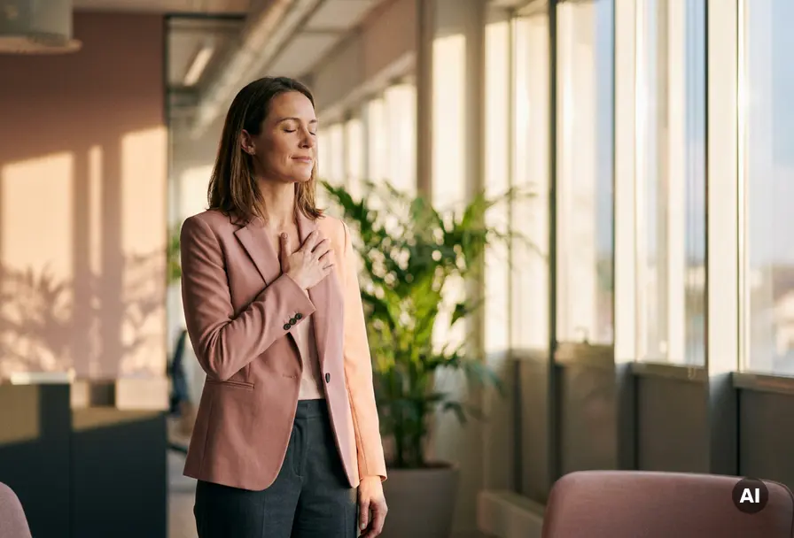 Vrouw met gesloten ogen en hand op hart, even stilstaand in modern kantoor met goudkleurig middaglicht.