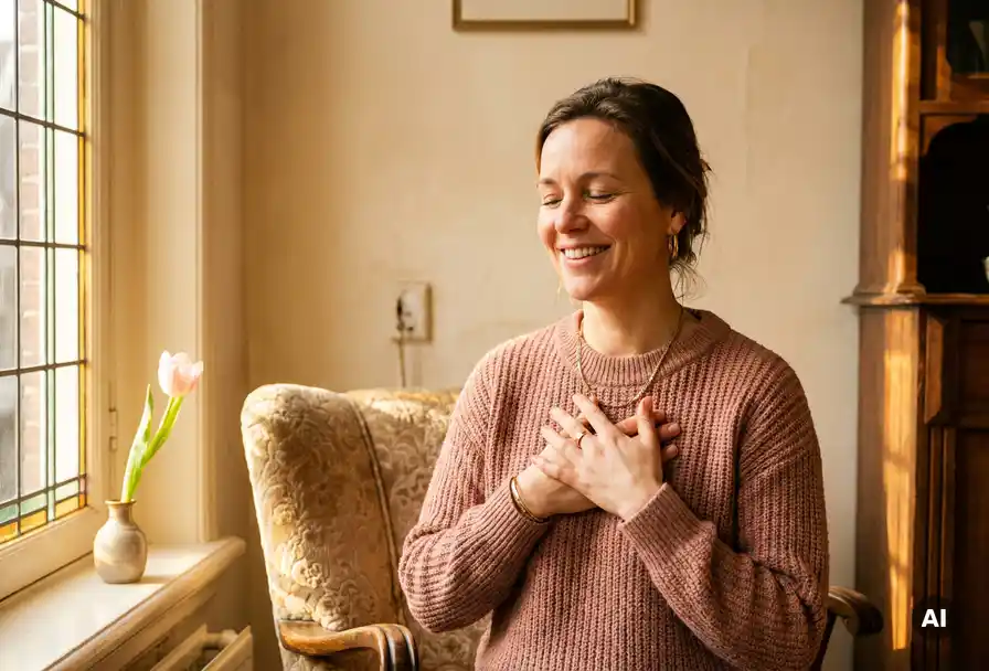 Vrouw met gesloten ogen en warme glimlach, handen op de borst, in een gezellig Amsterdams interieur met bloeiende bloem en gouden middaglicht.