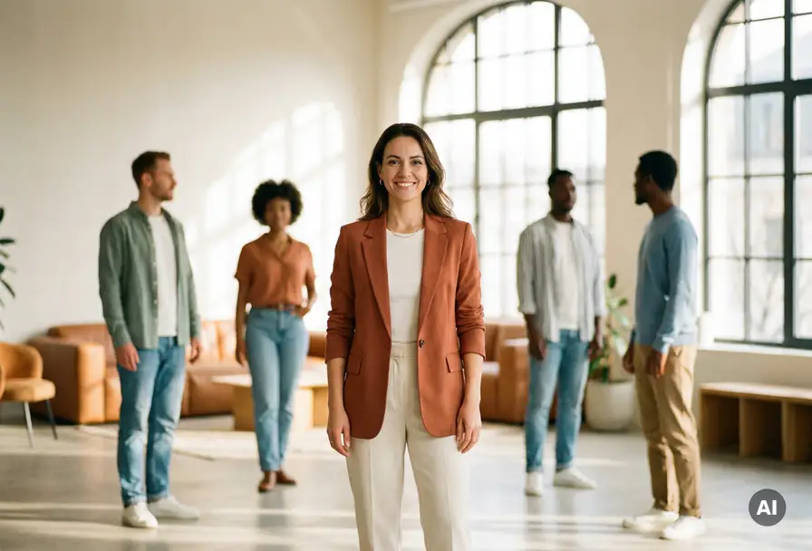 Zelfverzekerde vrouw in modern coachingstudio omringd door teamleden, warm terracotta interieur met gouden natuurlijk licht.