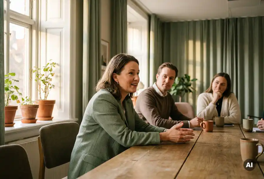 Zelfverzekerde vrouw aan houten vergadertafel in gesprek met twee aandachtige collega's, warm natuurlijk licht, professionele sfeer.